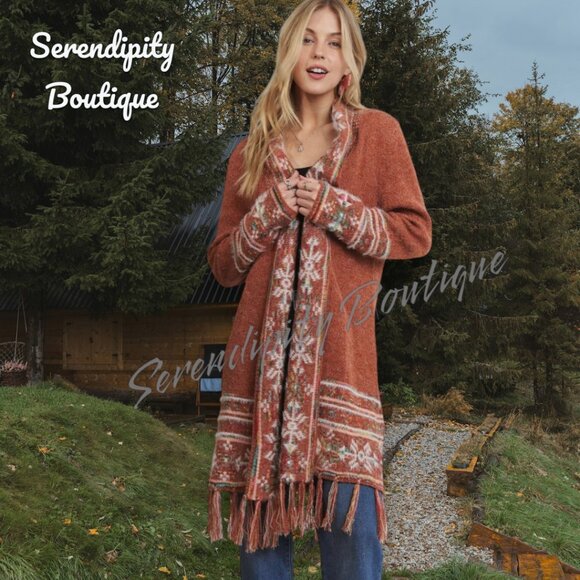 Tribal Print Jacquard Knit Fringe Comfy Long Sweater Duster Cardigan. - Picture 2 of 9